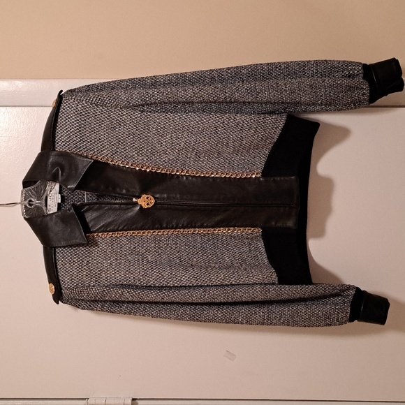 St John Collection Marie Grey Vintage Knit Short Jacket Leather trim sz S - Picture 3 of 13